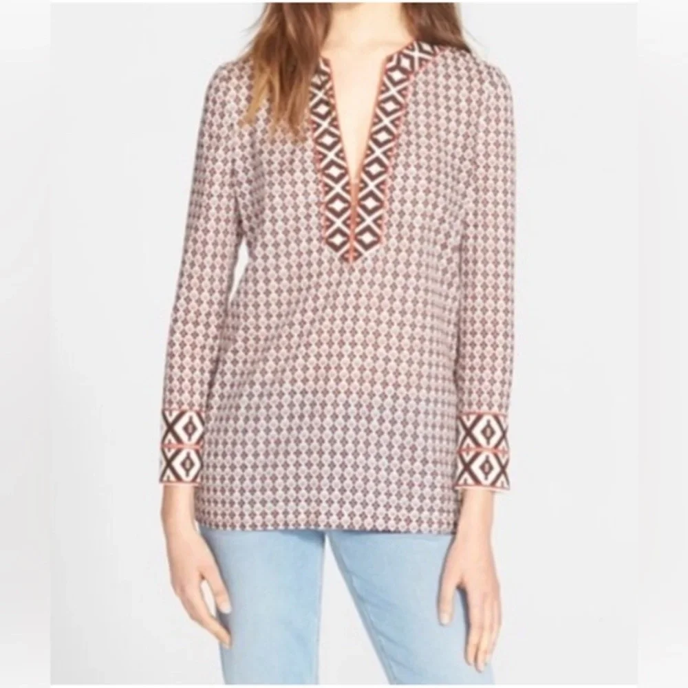 Tory Burch VGUC Printed Cotton Tunic Brown Ivory Size 10 Boho Resort